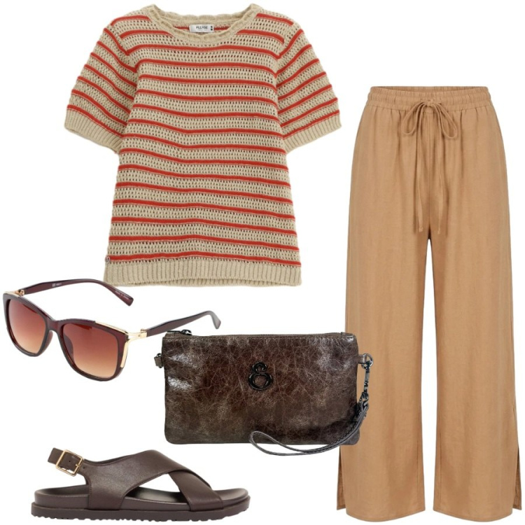 Outfit donna - Abbigliamento relax. Stile Casual per Tutti i giorni. Abbinamento con occhiali da sole, sandali in pelle, t-shirt, pochette, pantaloni.