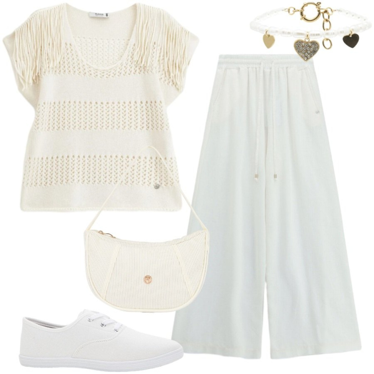 Outfit donna - Total White. Stile Casual per Tutti i giorni. Abbinamento con sneakers, top, pantaloni a palazzo, braccialetti, borse a mano.