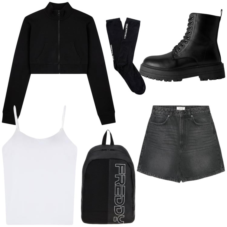 Outfit donna - Vacanze in alta quota. Stile Casual per Sport. Abbinamento con shorts, magliette intime, anfibi, felpe, calzini, zaini.