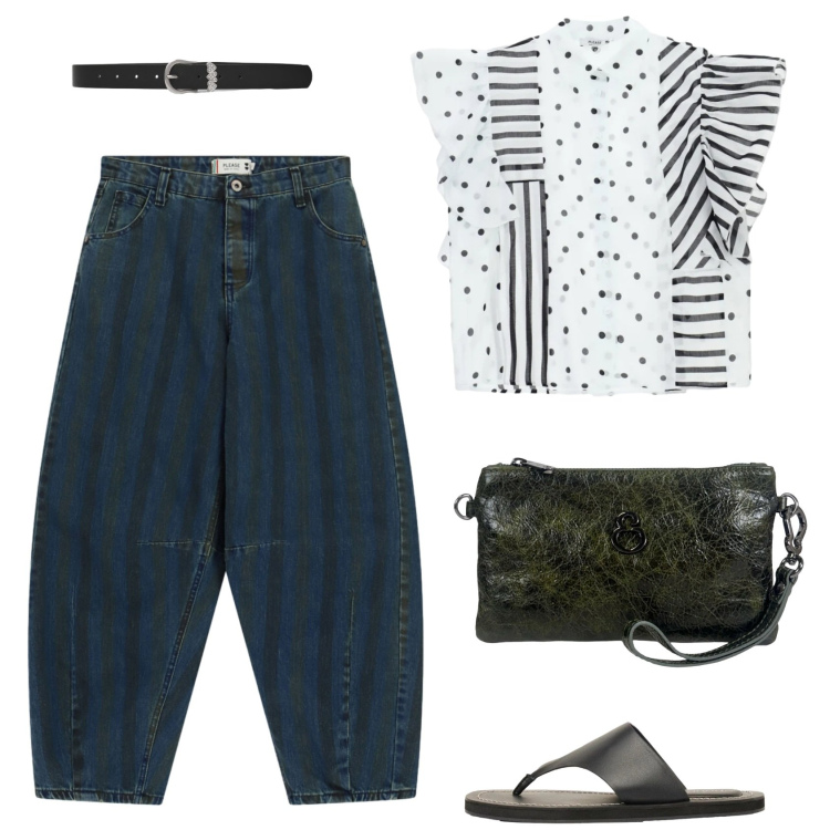 Outfit donna - Di nuovo in jeans. Stile Casual per Tutti i giorni. Abbinamento con infradito, cinture, camicie, jeans, pochette.