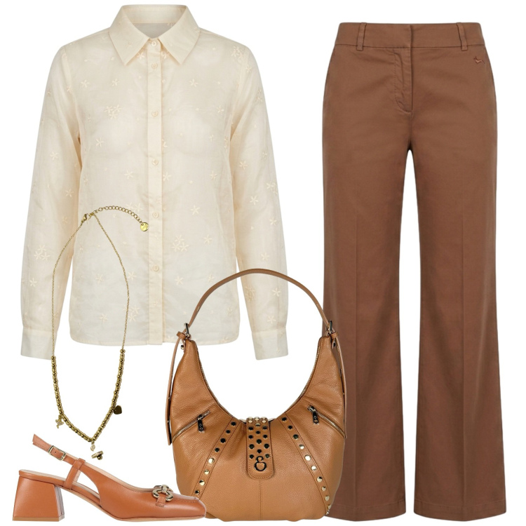 Outfit donna - In ufficio. Stile Casual chic per Ufficio. Abbinamento con décolleté, pantaloni, camicie, ciondoli, borse a spalla.