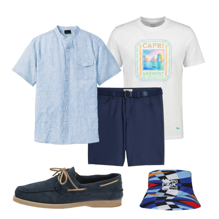 Outfit uomo - Ferragosto style. per Mare. Abbinamento con camicie a manica corta, bermuda, scarpe stringate, t-shirt, cappelli.