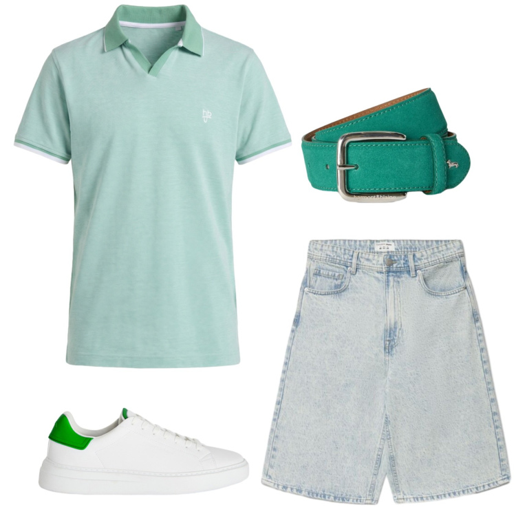 Outfit uomo - Verde. Stile Trendy per Tutti i giorni. Abbinamento con sneakers, polo, cinture, shorts.