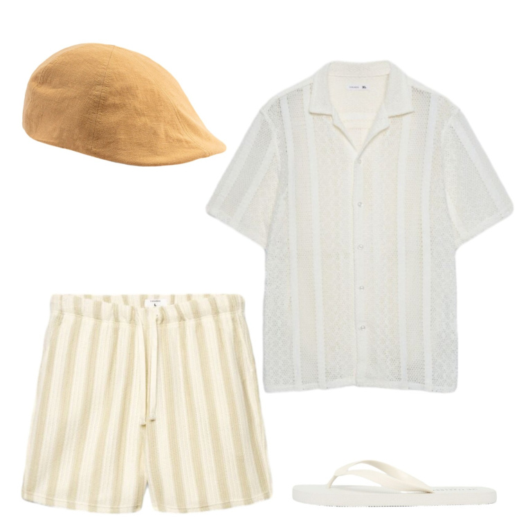 Outfit uomo - Ferragosto. Stile Trendy per Mare. Abbinamento con sandali, camicie a manica corta, pantaloni corti, cappelli con visiera.