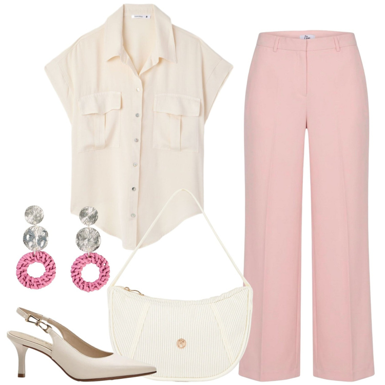 Outfit donna - A lavoro in chiaro. Stile Casual chic per Ufficio. Abbinamento con décolleté, orecchini, camicie a manica corta, pantaloni a palazzo, borse a mano.
