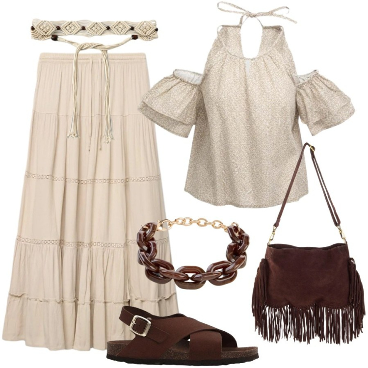Outfit donna - Boho chic al mare. Stile Boho per Serata fuori. Abbinamento con sandali in pelle, borse a tracolla, braccialetti, cinture, gonne lunghe, top.