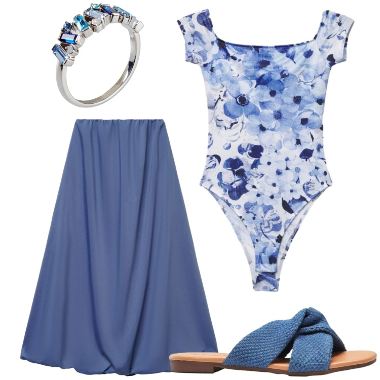 Outfit donna - Romantica nelle sfumature del blu. Stile Romantica per Serata fuori. Abbinamento con anelli, ciabatte, gonne lunghe, top.