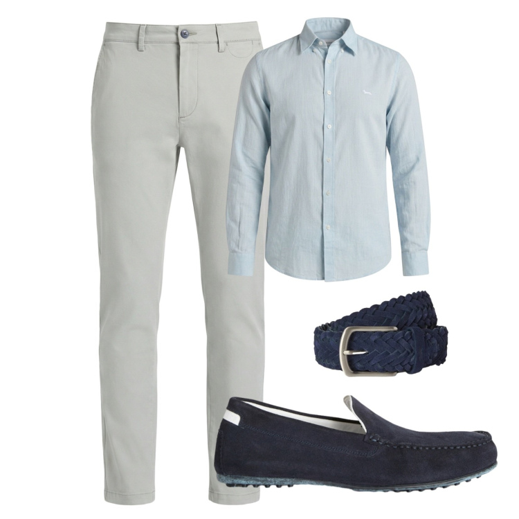 Outfit uomo - Back to routine. Stile Casual per Ufficio. Abbinamento con scarpe stringate, pantaloni chino, camicie, cinture.