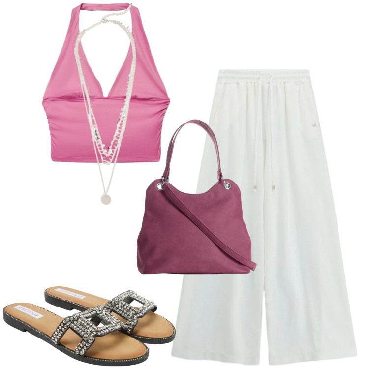 Outfit donna - Total look #2454292. Stile Casual per Tutti i giorni. Abbinamento con collane, borse a mano, ciabatte, top, pantaloni a palazzo.