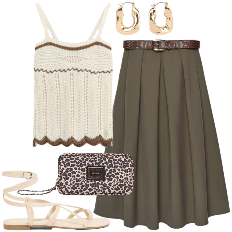 Outfit donna - Cena al mare. Stile Casual chic per Serata fuori. Abbinamento con orecchini, sandali, gonne lunghe, valigie, top.