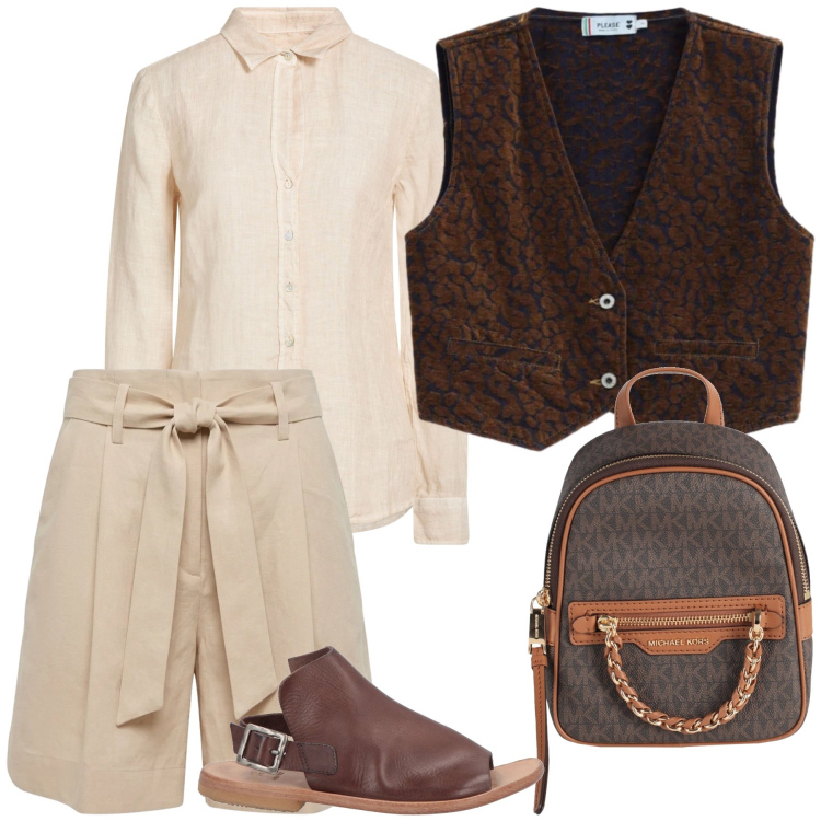 Outfit donna - Total look #2454294. Stile Casual chic per Tutti i giorni. Abbinamento con zaini, camicie, sandali in pelle, gilet, bermuda.