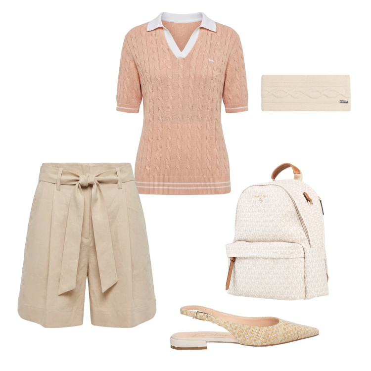 Outfit donna - Toni chiari. Stile Trendy per Tutti i giorni. Abbinamento con zaini, ballerine, bermuda, polo, accessori per capelli.