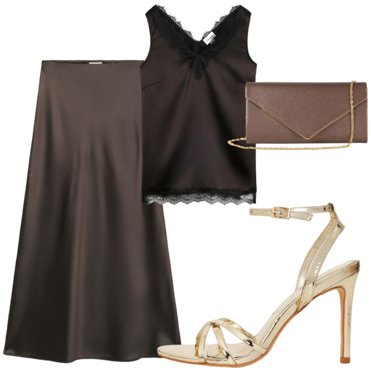 Outfit donna - Completo satin. Stile Chic per Serata fuori. Abbinamento con top, gonne lunghe, sandali col tacco, clutch.