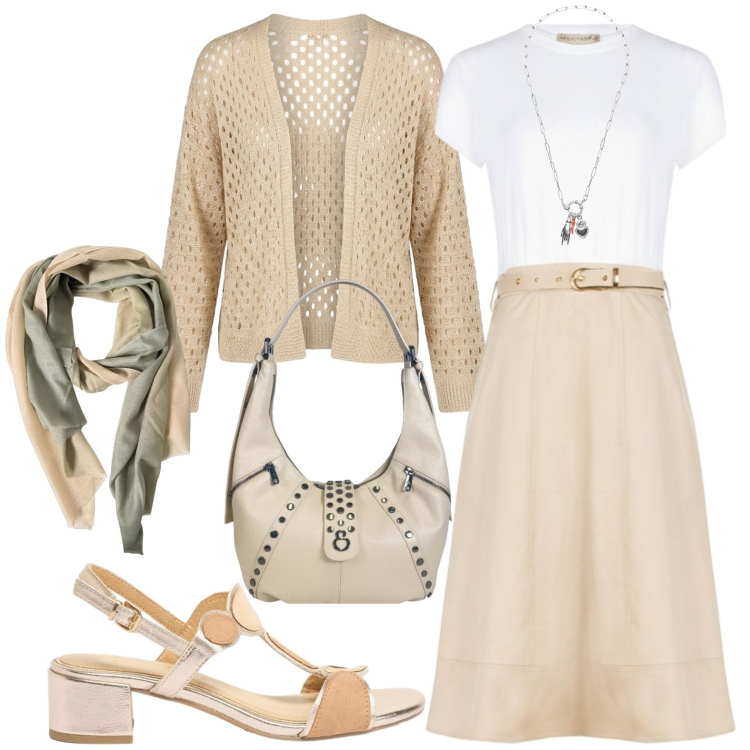 Outfit donna - Tonalità naturali. Stile Casual per Tutti i giorni. Abbinamento con sandali col tacco, vestiti midi/longuette, ciondoli, borse a spalla, foulard, cardigans.