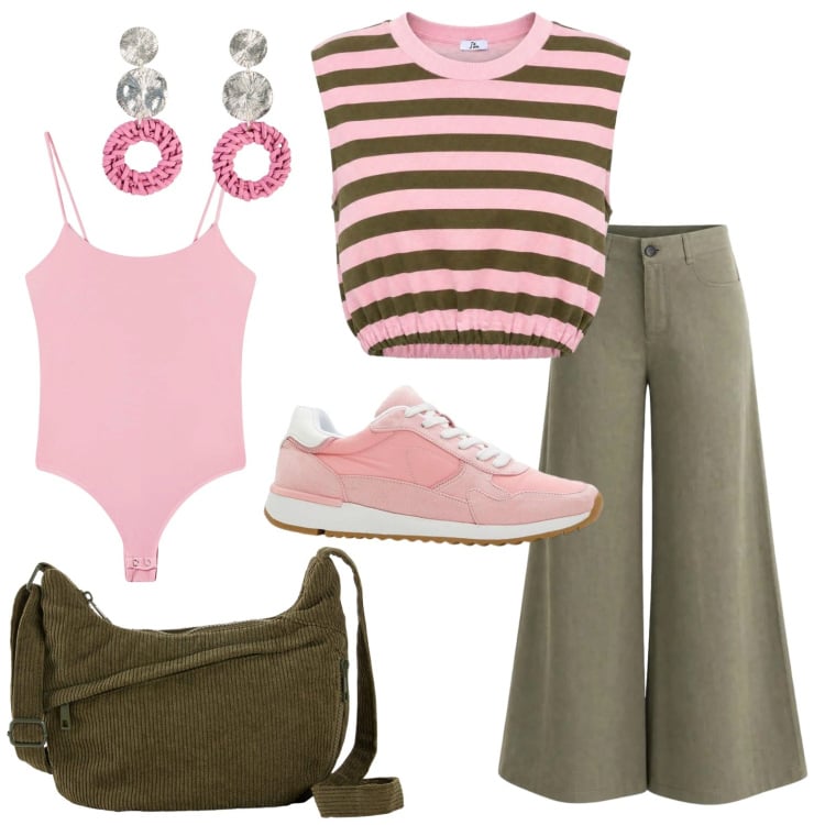 Outfit donna - Pink mood. Stile Casual per Tutti i giorni. Abbinamento con borse a tracolla, orecchini, sneakers, body, pantaloni a palazzo, top.