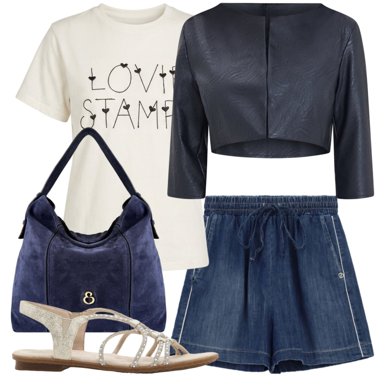 Outfit donna - Total look #2454304. Stile Casual chic per Tutti i giorni. Abbinamento con sandali, shorts, t-shirt, bolero, borse a spalla.