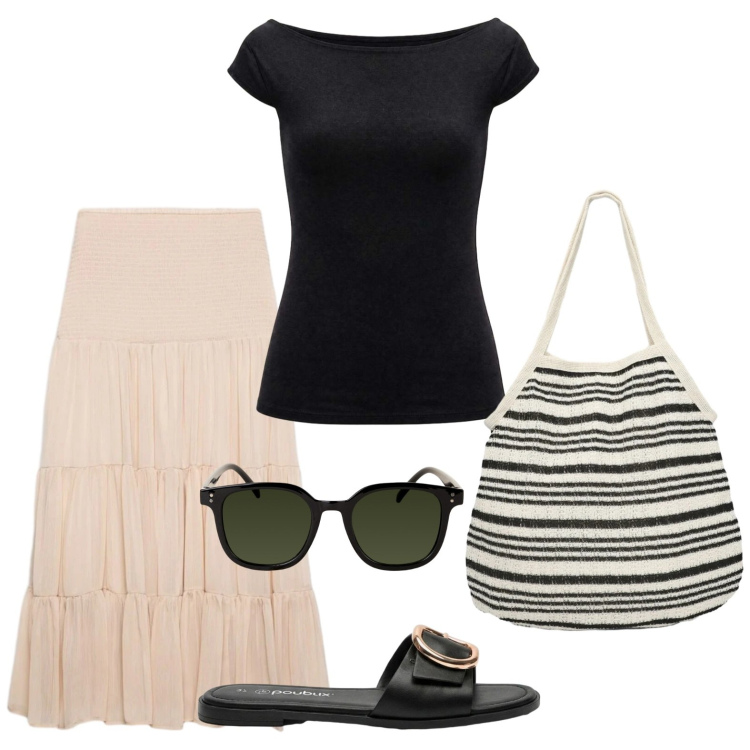 Outfit donna - Passeggiata in riva al mare. Stile Casual per Tutti i giorni. Abbinamento con ciabatte, gonne lunghe, shopping bag, top, occhiali da sole.