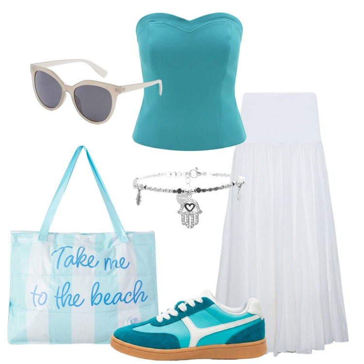 Outfit donna - Il turchese che incanta. Stile Casual chic per Tutti i giorni. Abbinamento con sneakers, occhiali da sole, gonne lunghe, borse tote, top, braccialetti.