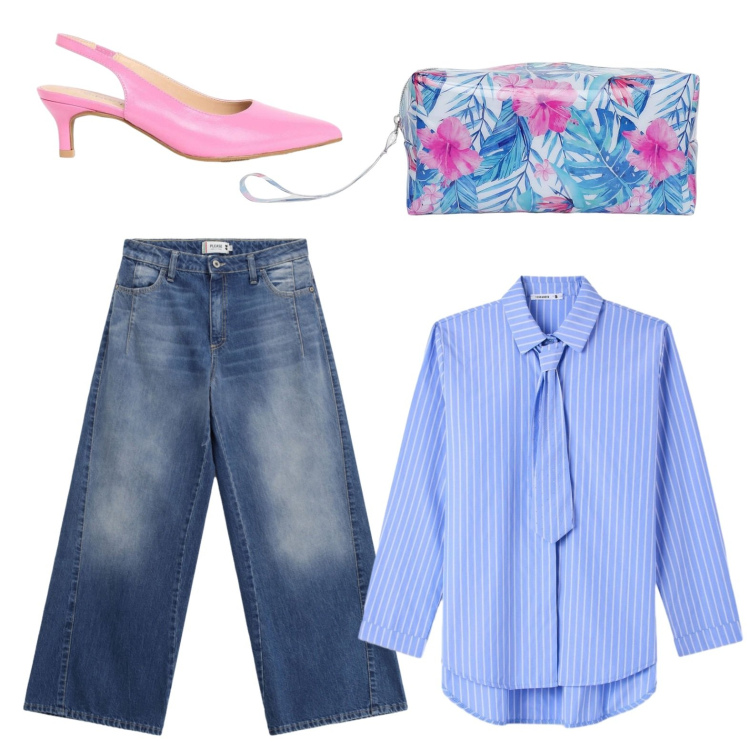 Outfit donna - Rientro al lavoro. Stile Trendy per Ufficio. Abbinamento con décolleté, valigie, camicie, jeans.