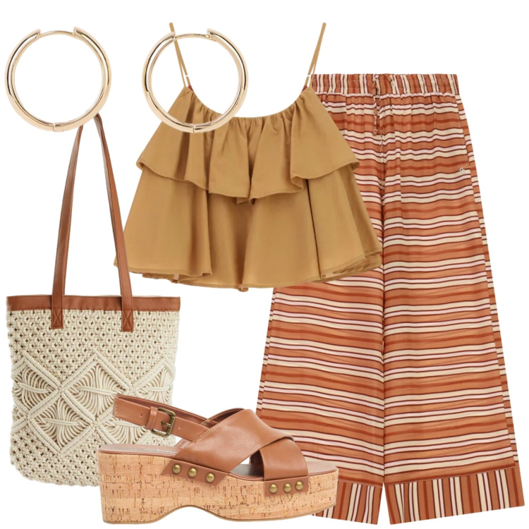 Outfit donna - Vacanze al mare. Stile Boho per Mare. Abbinamento con zeppe, orecchini, shopping bag, top, pantaloni a palazzo.