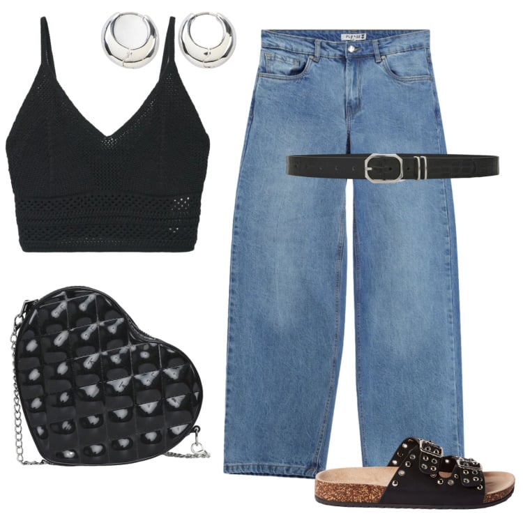 Outfit donna - Jeans e top nero. Stile Urban per Tutti i giorni. Abbinamento con orecchini, top, ciabatte, borse a tracolla, cinture, jeans.