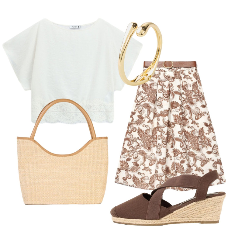 Outfit donna - Total look #2454312. Stile Glamour per Ufficio. Abbinamento con braccialetti, shopping bag, zeppe, gonne lunghe, bluse.