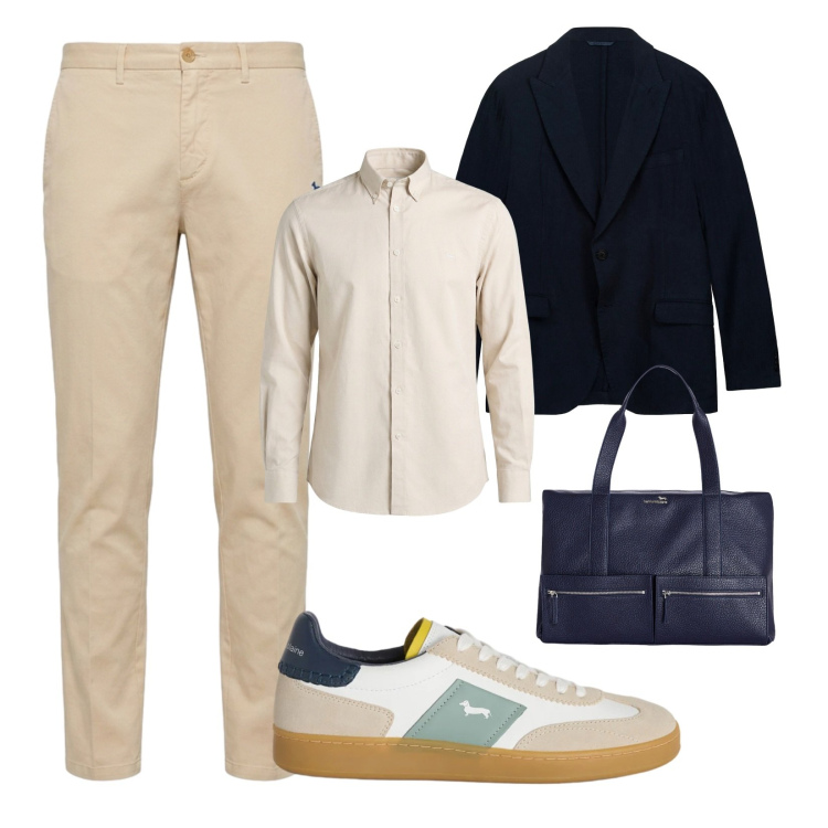 Outfit uomo - Smart casual. Stile Casual per Ufficio. Abbinamento con camicie, borse sportive, sneakers, pantaloni chino, giacche.