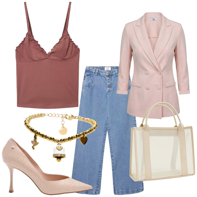 Outfit donna - Total look #2454315. Stile Casual chic per Ufficio. Abbinamento con borse tote, canottiere, jeans, blazer, décolleté, braccialetti.