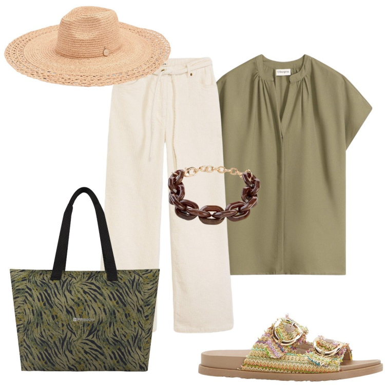 Outfit donna - Total look #2454316. Stile Glamour per Tutti i giorni. Abbinamento con pantaloni, ciabatte, braccialetti, camicie a manica corta, cappelli, shopping bag.