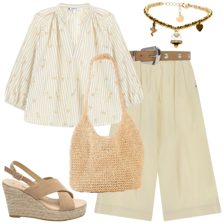 Outfit donna - Agosto in città. Stile Casual per Ufficio. Abbinamento con shopping bag, sandali col tacco, cinture, pantaloni a palazzo, bluse, braccialetti.