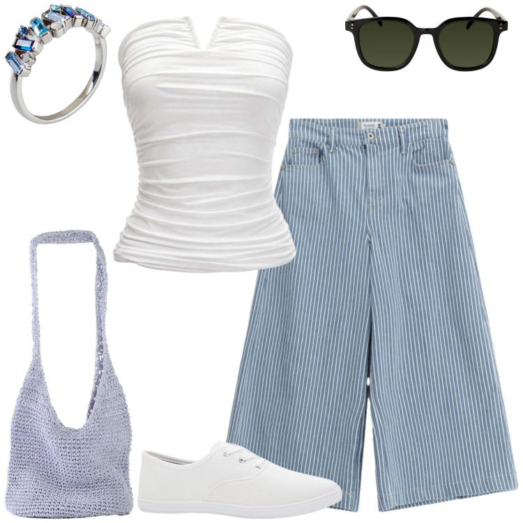 Outfit donna - Denim chiaro a righe!. Stile Casual chic per Tutti i giorni. Abbinamento con sneakers, shopping bag, anelli, top, jeans, occhiali da sole.