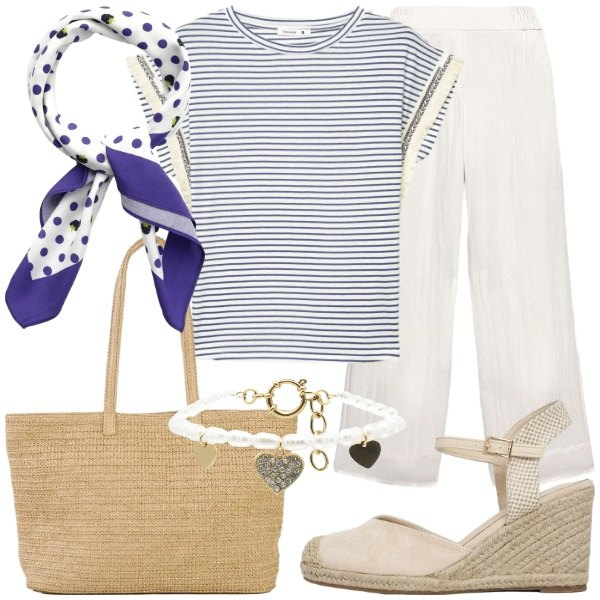 Outfit donna - A righe. Stile Casual chic per Tutti i giorni. Abbinamento con shopping bag, t-shirt, foulard, zeppe, pantaloni, braccialetti.
