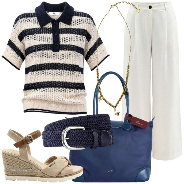 Outfit donna - Total look #2454330. Stile Casual chic per Tutti i giorni. Abbinamento con cinture, sandali col tacco, polo, shopping bag, pantaloni a palazzo, ciondoli.