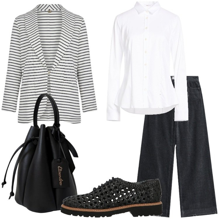 Outfit donna - A righe - @pamela. Stile Mannish per Ufficio. Abbinamento con scarpe stringate, camicie, blazer, jeans, borse a secchiello.