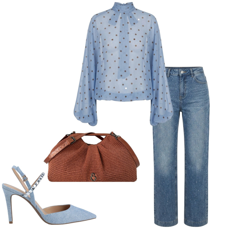 Outfit donna - Ultimi giorni d\'estate. Stile Casual chic per Serata fuori. Abbinamento con décolleté, clutch, bluse, jeans.