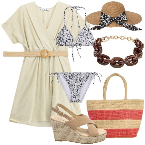 Outfit donna - Vacanze boho al mare. Stile Boho per Mare. Abbinamento con shopping bag, sandali col tacco, bikini, braccialetti, cappelli, vestiti corti.