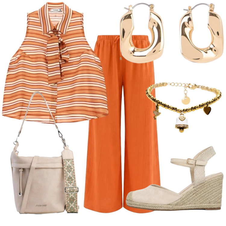 Outfit donna - Spritz al tramonto. Stile Casual chic per Tutti i giorni. Abbinamento con borse a tracolla, orecchini, zeppe, top, pantaloni a palazzo, braccialetti.