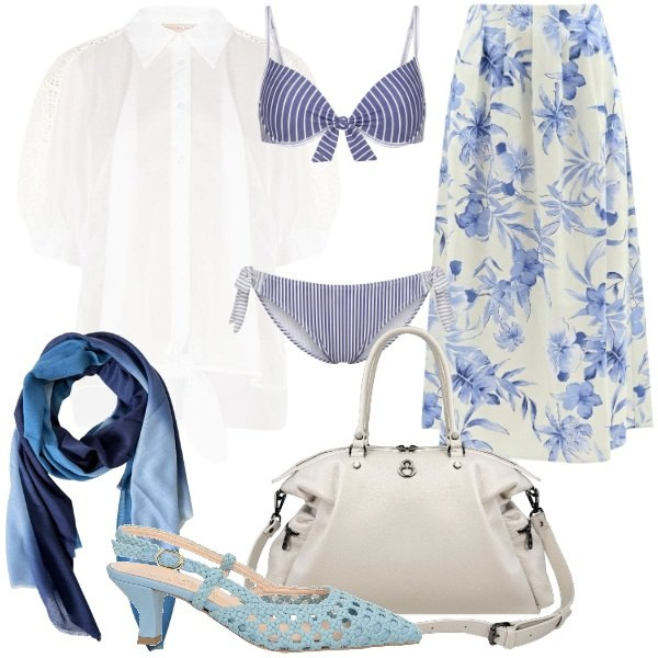 Outfit donna - Il mood boho incontra l’estate. Stile Boho per Mare. Abbinamento con décolleté, bikini, camicie a manica corta, gonne lunghe, shopping bag, foulard.