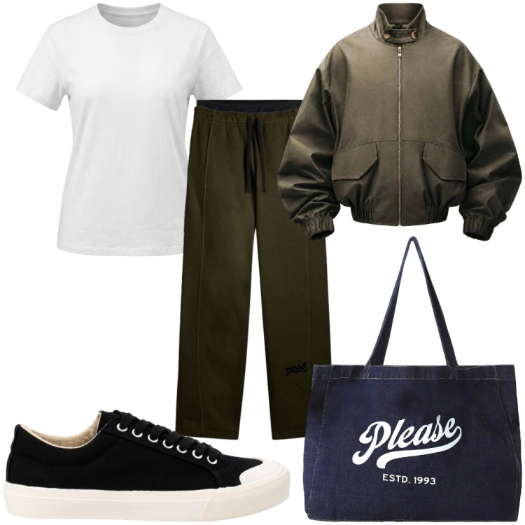 Outfit donna - Total look #2454351. Stile Basic per Sport. Abbinamento con sneakers, bomber, shopping bag, pantaloni, t-shirt.