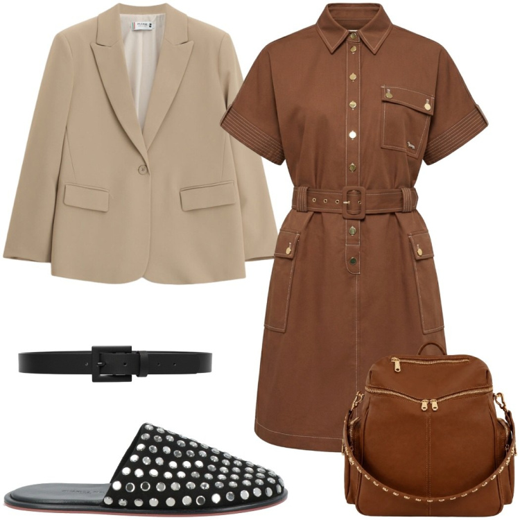 Outfit donna - Total look #2454353. Stile Minimal per Tutti i giorni. Abbinamento con pantofole, vestiti chemisier, cinture, blazer, zaini.