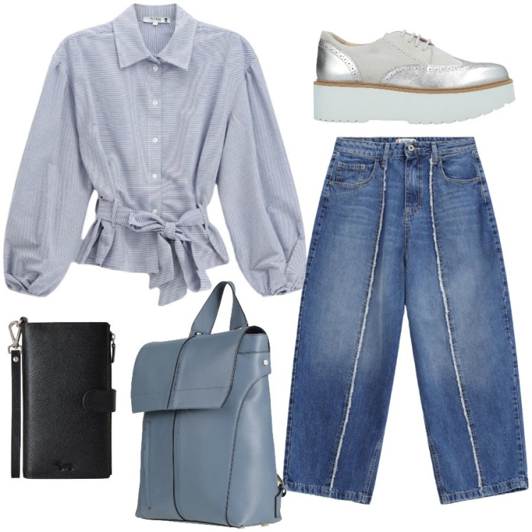 Outfit donna - Total look #2454355. Stile Casual chic per Tutti i giorni. Abbinamento con scarpe stringate, zaini, camicie, jeans dritti, portafogli.