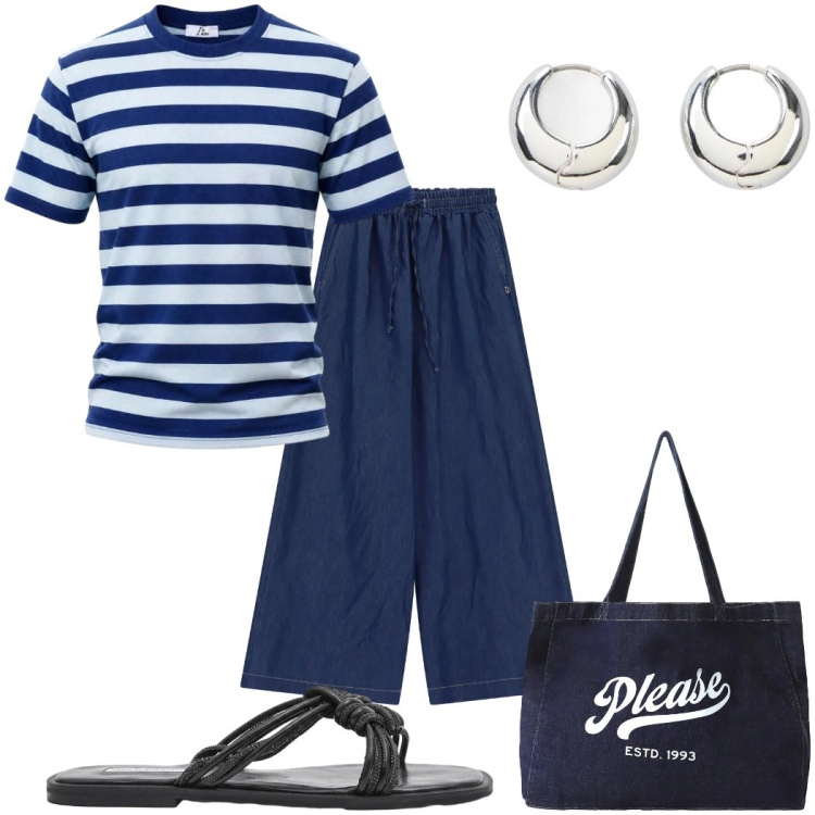 Outfit donna - Total look #2454356. Stile Trendy per Tutti i giorni. Abbinamento con orecchini, t-shirt, pantaloni a palazzo, shopping bag, sandali.