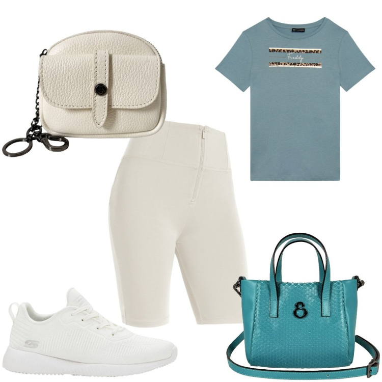 Outfit donna - Total look #2454357. Stile Basic per Sport. Abbinamento con sneakers, t-shirt, pantaloni skinny, borse a mano, portachiavi.