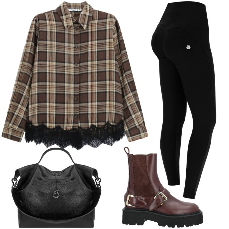 Outfit donna - Tartan must-have d\'autunno. Stile Casual chic per Tutti i giorni. Abbinamento con stivaletti, camicie, pantaloni skinny, borse a spalla.