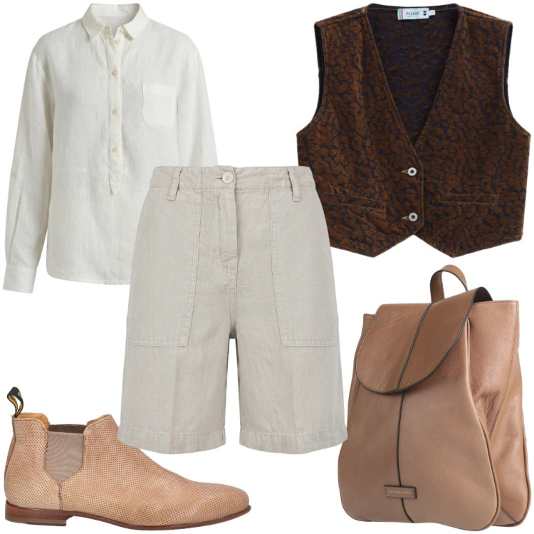 Outfit donna - Total look #2454359. Stile Trendy per Tutti i giorni. Abbinamento con stivaletti chelsea, zaini, gilet, camicie, bermuda.