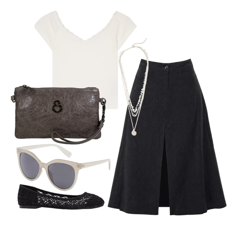 Outfit donna - Agosto. Stile Bon Ton per Tutti i giorni. Abbinamento con ballerine, collane, occhiali da sole, canottiere, gonne lunghe, pochette.