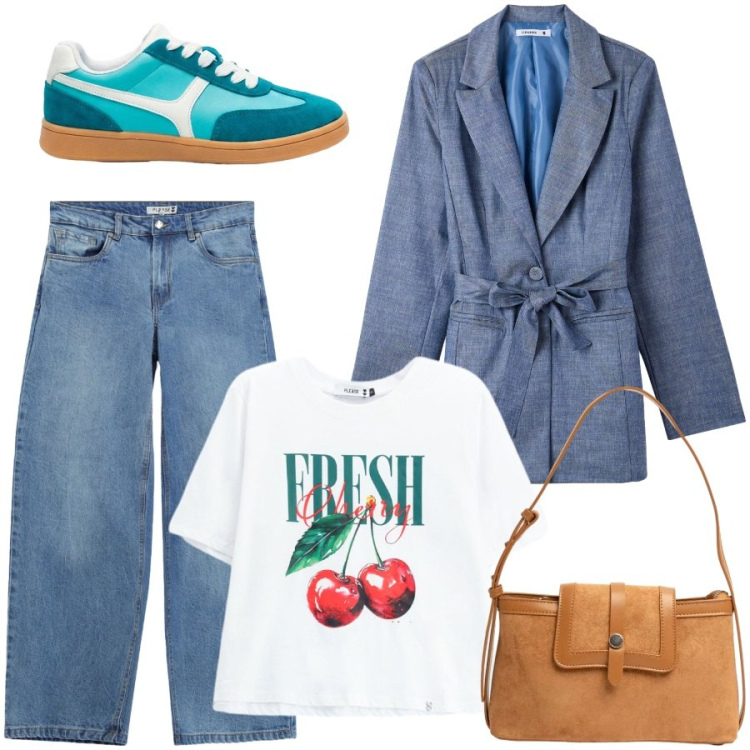 Outfit donna - In vista del rientro. Stile Casual chic per Scuola/Università. Abbinamento con sneakers, blazer, t-shirt, jeans, borse a tracolla.