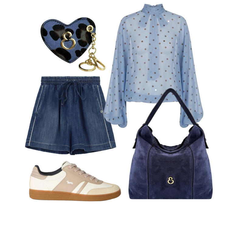 Outfit donna - Agosto. Stile Casual chic per Tutti i giorni. Abbinamento con sneakers, shorts, borse a spalla, portachiavi, bluse.