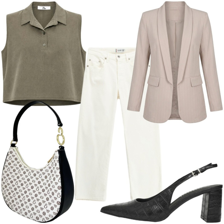 Outfit donna - Total look #2454364. Stile Casual chic per Ufficio. Abbinamento con décolleté, top, pantaloni, blazer, borse a spalla.
