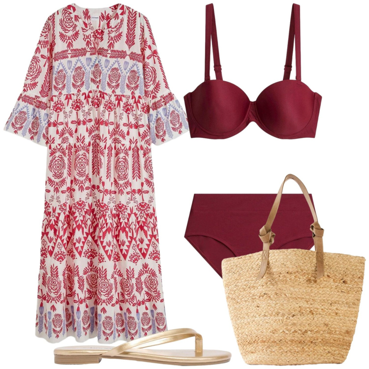 Outfit donna - Total look #2454372. Stile Boho per Mare. Abbinamento con vestiti lunghi, shopping bag, bikini, sandali.